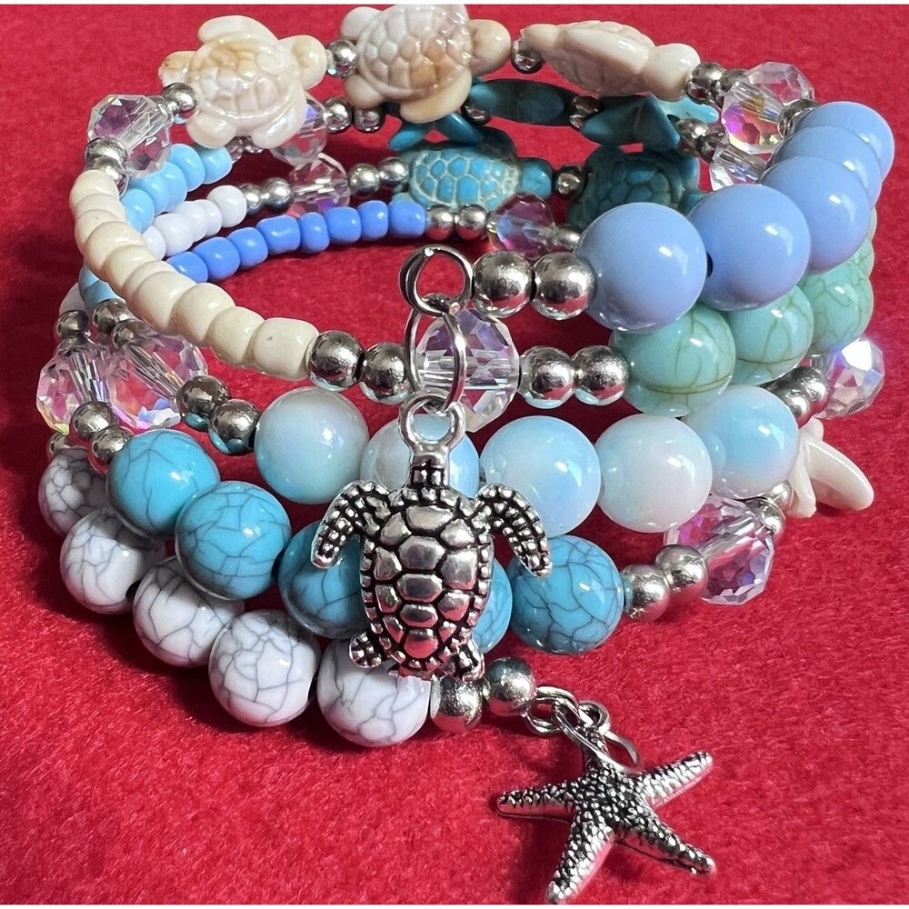 Tropical Blue Crystal Beaded Wire Wrap Bracelet.  Turtle And Starfish Charms.